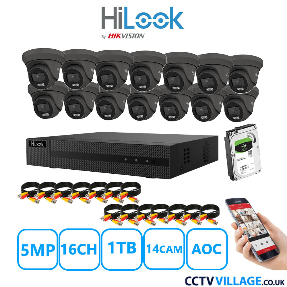 HiLook 5MP CCTV Kit 16 Channel DVR-216Q-M1 with 14 Turret Cameras THC-T259-MS Grey 1TB HDD Full Kit