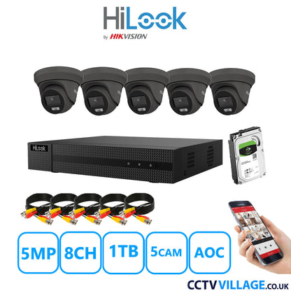 HiLook 5MP CCTV System 8 Channel DVR-208Q-M1 with 5 Turret Cameras THC-T259-MS Grey 1TB HDD Full Kit