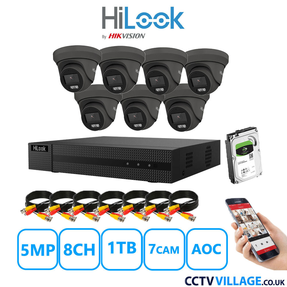 HiLook 5MP CCTV Kit 8 Channel DVR-208Q-M1 with 7 Turret Cameras THC-T259-MS Grey 1TB HDD Full Kit