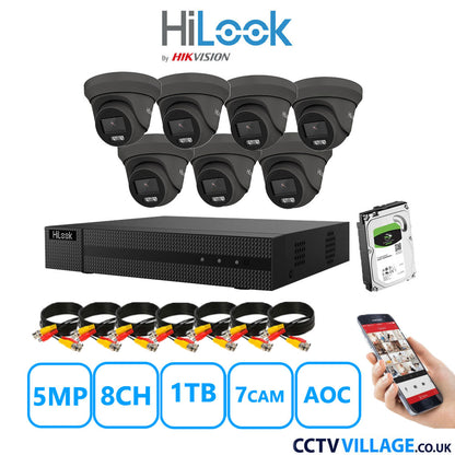 HiLook 5MP CCTV System 8 Channel DVR-208Q-M1 with 7 Turret Cameras THC-T259-MS Grey 1TB HDD Full Kit