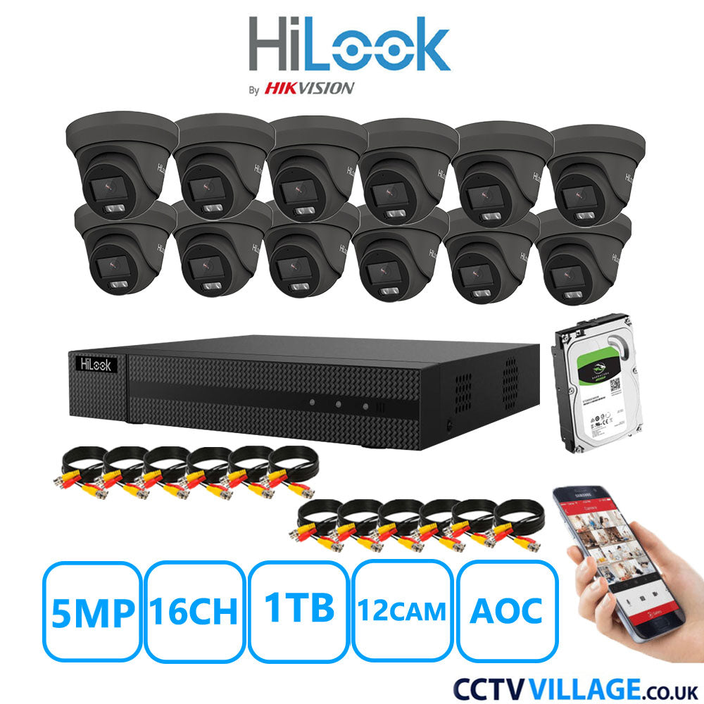 HiLook 5MP CCTV System 16 Channel DVR-216Q-M1 with 12 Turret Cameras THC-T259-MS Grey 1TB HDD Full Kit