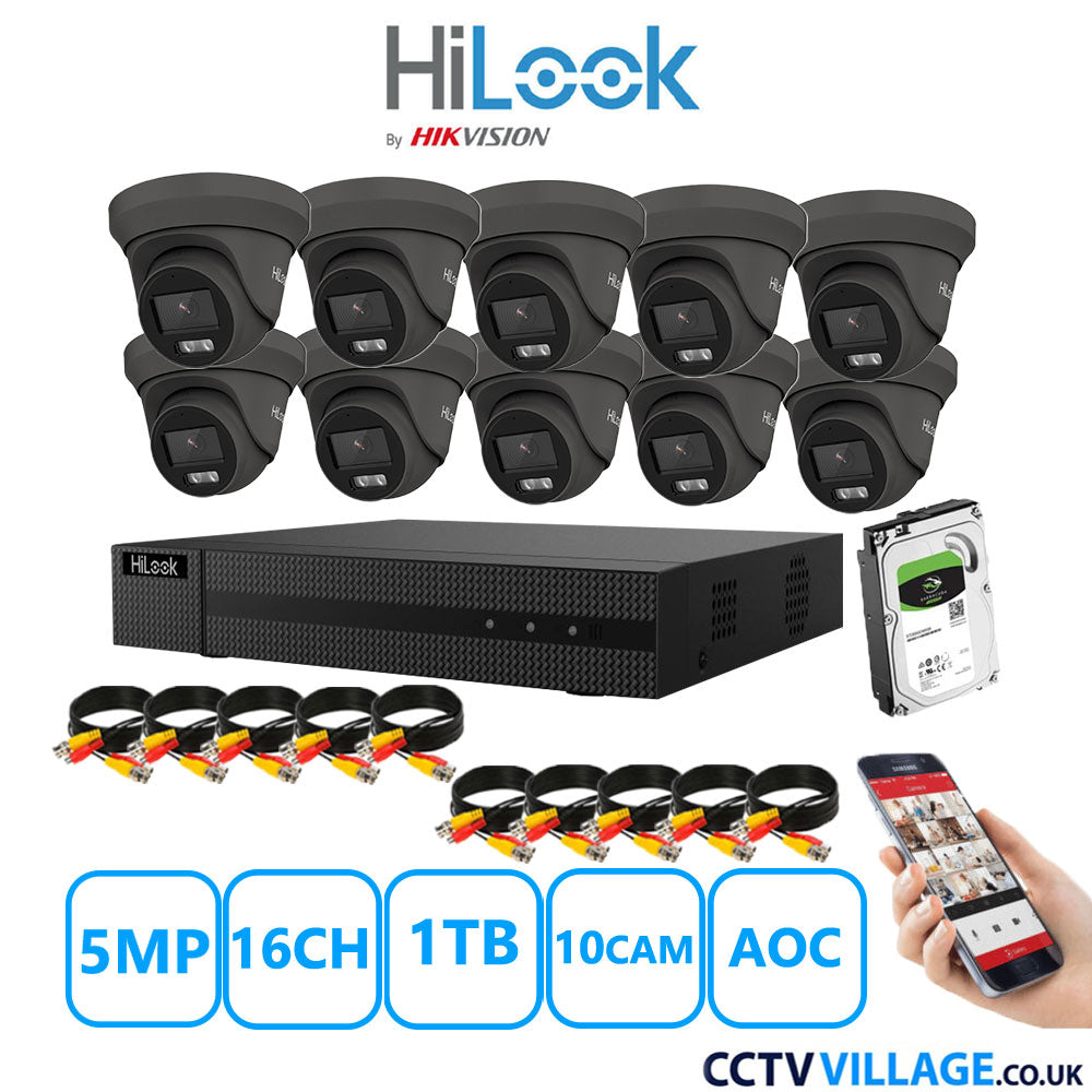 HiLook 5MP CCTV Kit 16 Channel DVR-216Q-M1 with 10 Turret Cameras THC-T259-MS Grey 1TB HDD Full Kit