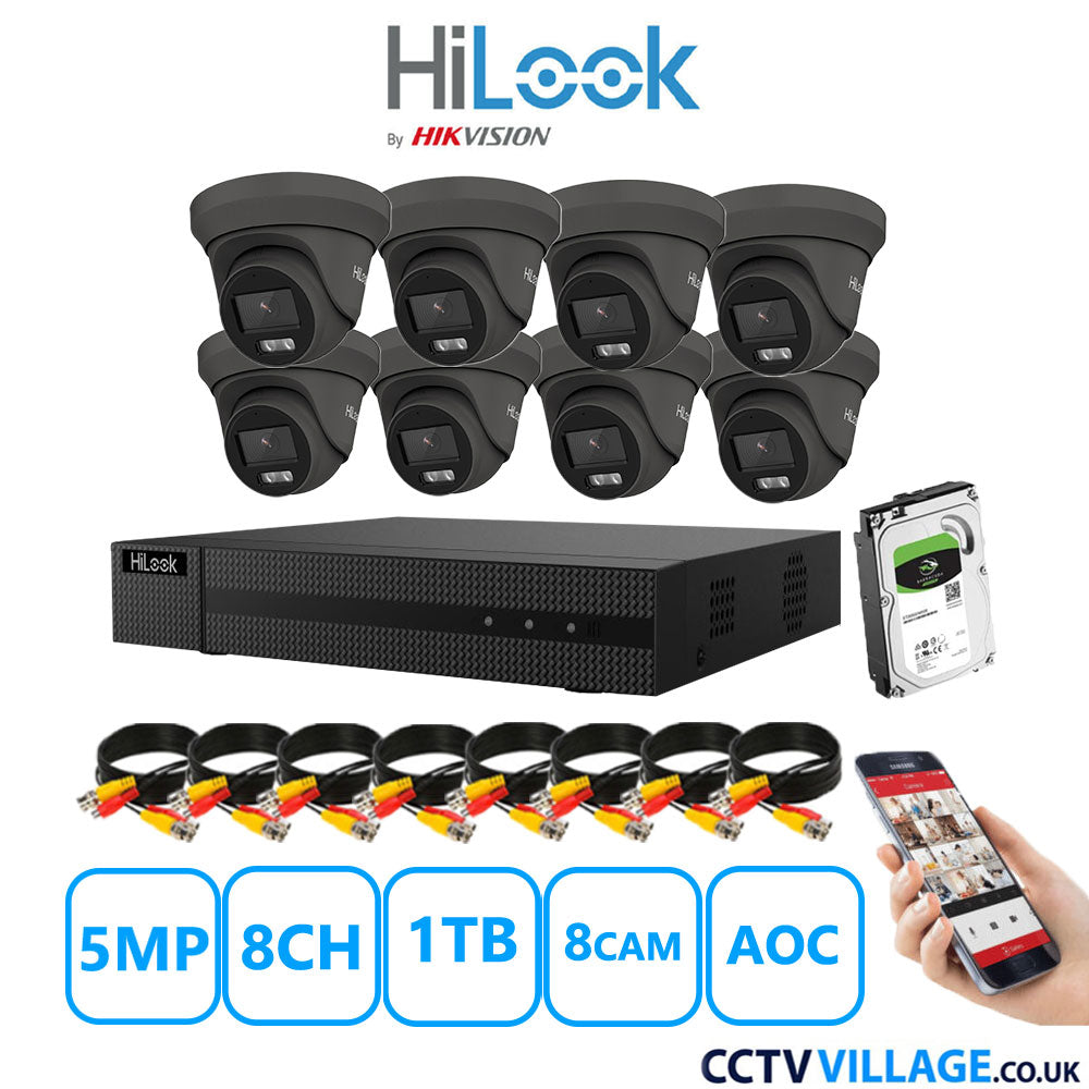 HiLook 5MP CCTV Kit 8 Channel DVR-208Q-M1 with 8 Turret Cameras THC-T259-MS Grey 1TB HDD Full Kit