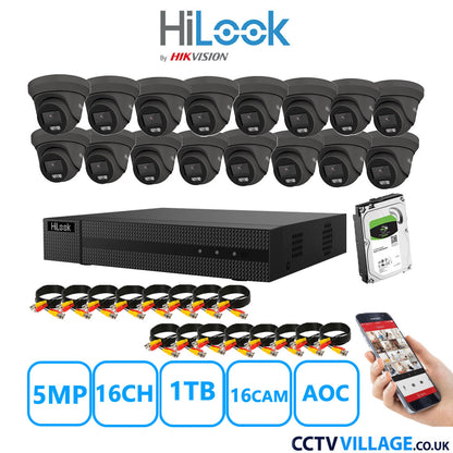 HiLook 5MP CCTV System 16 Channel DVR-216Q-M1 with 16 Turret Cameras THC-T259-MS Grey 1TB HDD Full Kit