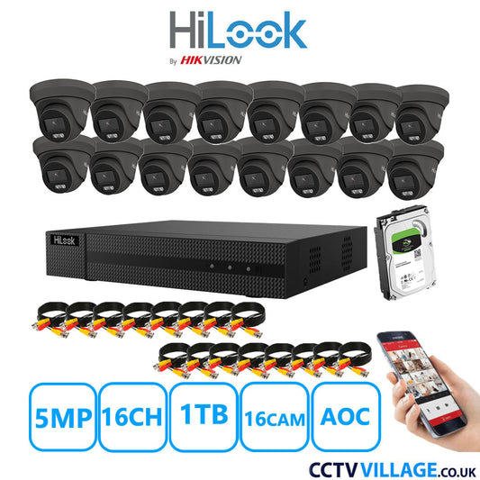 HiLook 5MP CCTV Kit 16 Channel DVR-216Q-M1 with 16 Turret Cameras THC-T259-MS Grey 1TB HDD Full Kit