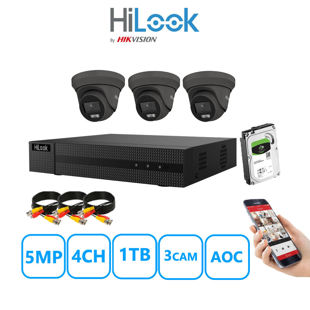 HiLook 5MP CCTV Kit 4 Channel DVR-204Q-M1 with 3 Turret Cameras THC-T259-MS White 1TB HDD Full Kit