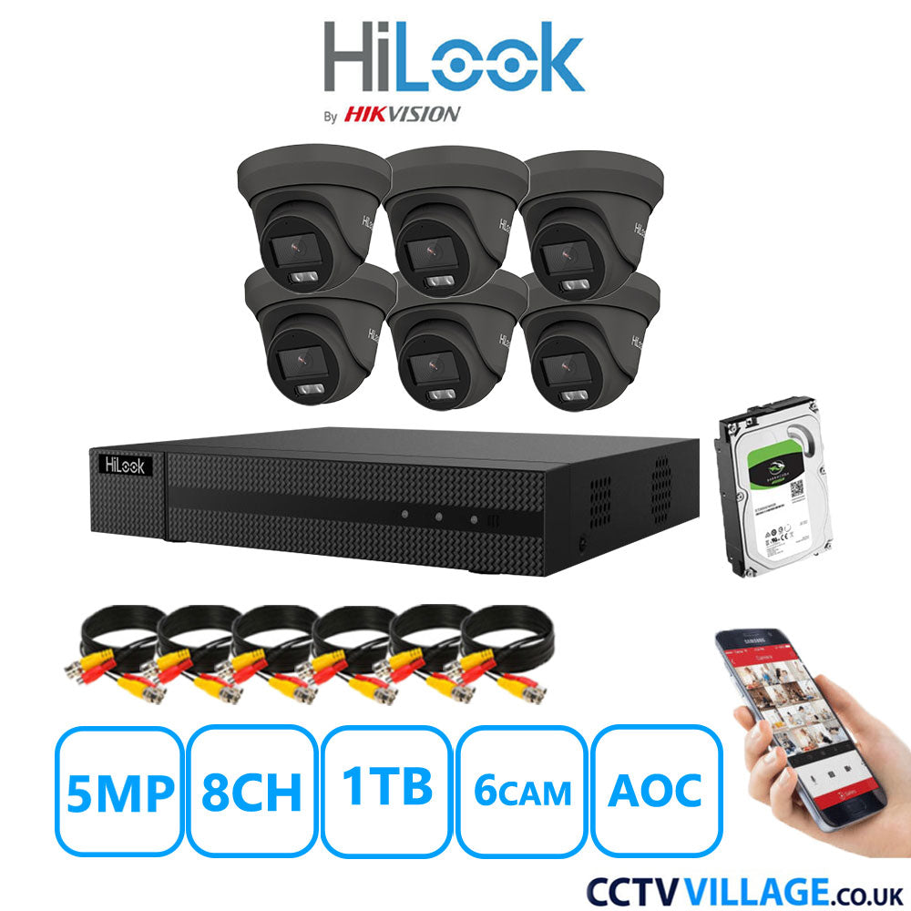 HiLook 5MP CCTV Kit 8 Channel DVR-208Q-M1 with 6 Turret Cameras THC-T259-MS Grey 1TB HDD Full Kit