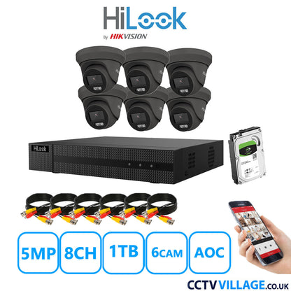 HiLook 5MP CCTV System 8 Channel DVR-208Q-M1 with 6 Turret Cameras THC-T259-MS Grey 1TB HDD Full Kit