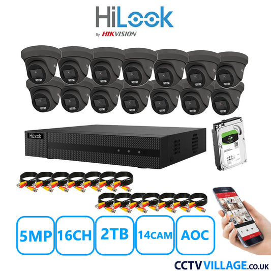 HiLook 5MP CCTV System 16 Channel DVR-216Q-M1 with 14 Turret Cameras THC-T259-MS Grey 2TB HDD Full Kit