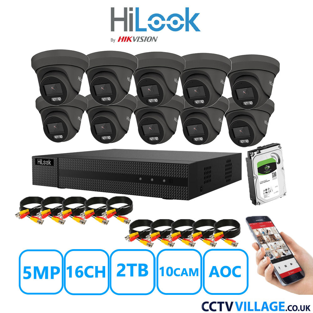 HiLook 5MP CCTV Kit 16 Channel DVR-216Q-M1 with 10 Turret Cameras THC-T259-MS Grey 2TB HDD Full Kit