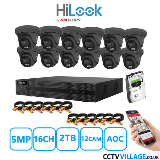 HiLook 5MP CCTV Kit 16 Channel DVR-216Q-M1 with 12 Turret Cameras THC-T259-MS Grey 2TB HDD Full Kit